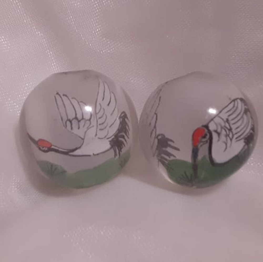 2 Rare Chinese inside reverse hand painted glass beads, Crane Birds